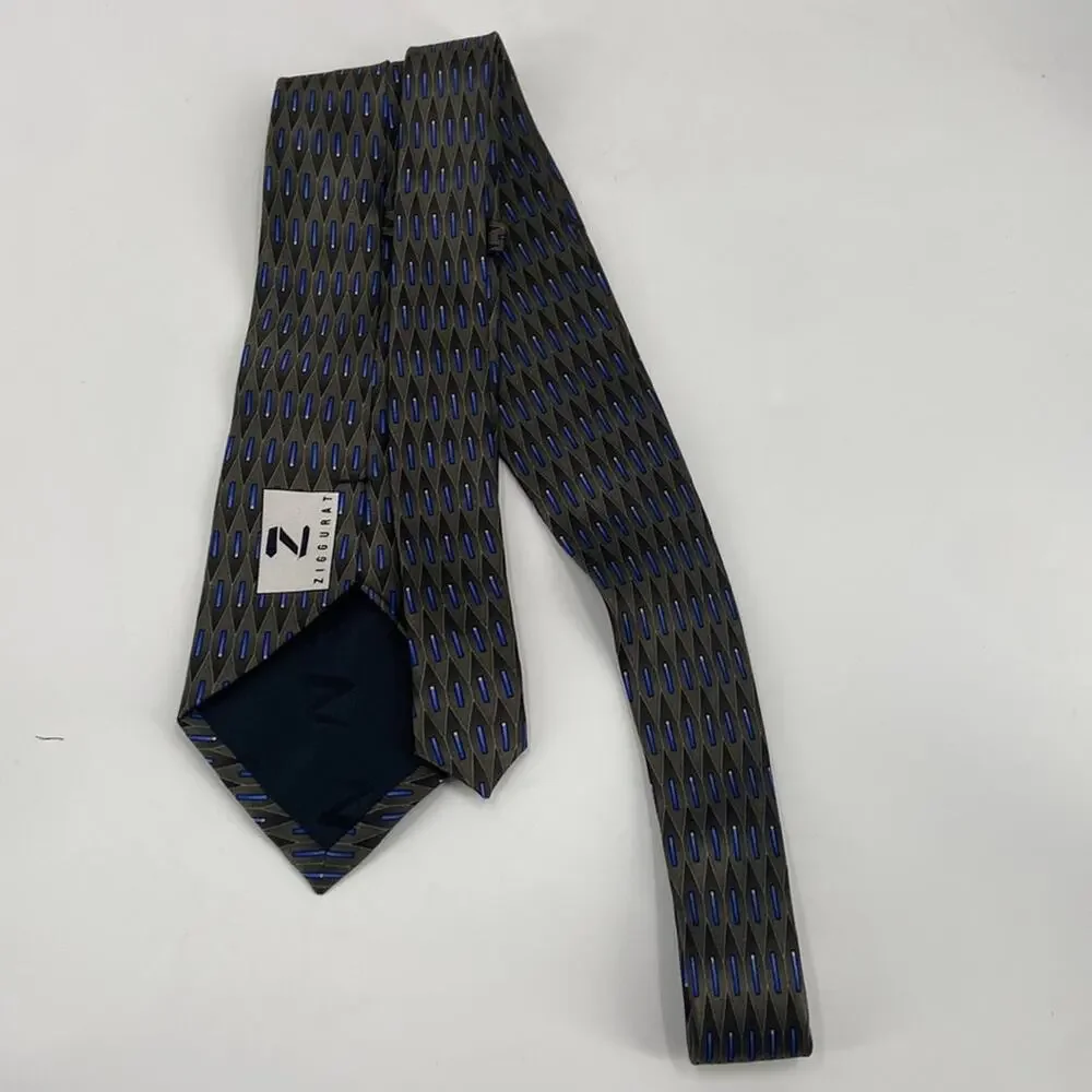 Ziggurat by Mulberry neckwear blue green patterned pure silk tie